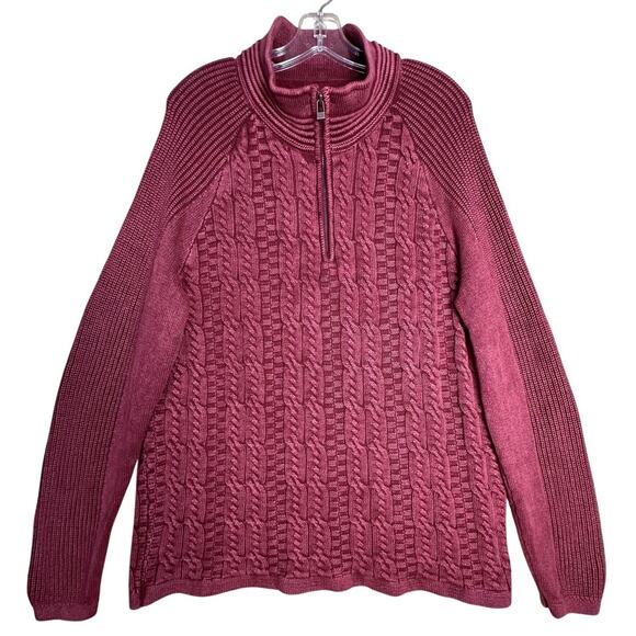 Carbon 2 Cobalt Burgundy Cable Knit Cotton 1/4 Zip Men Sz L Fisherman Sweater - Picture 2 of 15